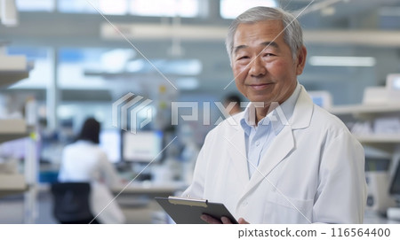 Senior East Asian Male Medical Professional in Modern Laboratory Environment for Healthcare and Research Purposes 116564400