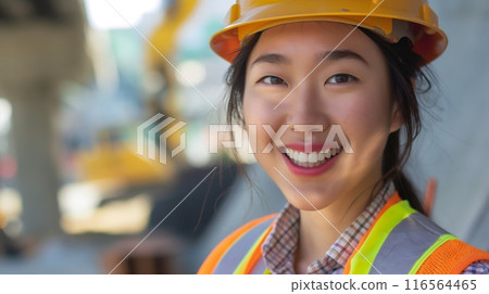 Smiling Young Asian Female Construction Worker Wearing Safety Gear at Job Site, Ideal for Career and Workforce Diversity Themes Smiling Young Asian Female Construction Worker Wearing Safety Gear at Job Site, Ideal for Career and Workforce Diversity Themes 116564465