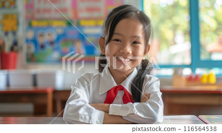 Cheerful Southeast Asian Elementary School Girl Smiling, Bright Classroom, Educational Environment, Back to School 116564538