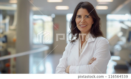 Professional Greek Female Doctor Smiling Warmly in Modern Medical Facility for Healthcare, Wellness, Professional Use 116564539