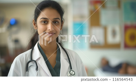Indian Female Doctor in Clinic with Focused Expressions for Healthcare, Medical Professional, and Diversity Themes 116564543