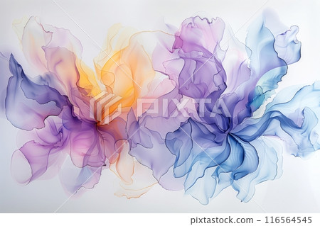 Creative image of pastel blue Hydrangea flowers on artistic ink background. Top view with copy space 116564545