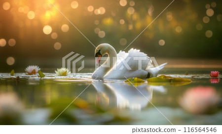 Graceful Swan Gliding on Serene Lake with Water Lilies in Tranquil Sunset Glow, Perfect for Nature and Tranquility-Themed Prints 116564546