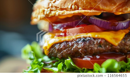 Gourmet Cheeseburger Close-Up with Fresh Ingredients for Food Presentation, Menu Design, Advertisements Gourmet Cheeseburger Close-Up with Fresh Ingredients for Food Presentation, Menu Design, Advertisements 116564655
