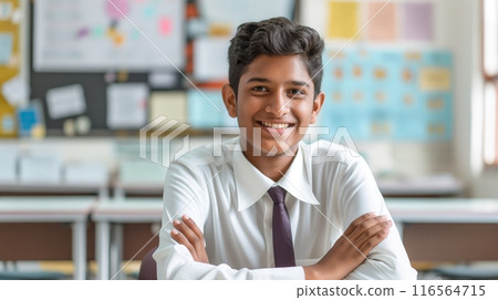 Smiling High School Boy in Classroom, Education and Learning Environment, Academic Success, Classroom Setting, Student Focused 116564715