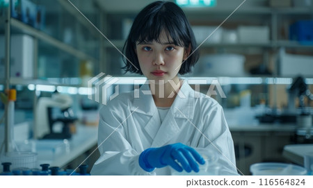 Young East Asian Female Scientist in Laboratory Uniform Conducting Experiments, Wearing Blue Gloves - Scientific Research and Innovation Background 116564824