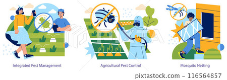 Insect Pest Control set. Illustrating methods to deter bugs, like integrated management, agricultural spraying, and mosquito netting. Vector illustration. Insect Pest Control set. Illustrating methods to deter bugs, like integrated management, agricultural spraying, and mosquito netting. Vector illustration. 116564857