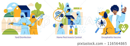 Insect Pest Control set. Illustrates exterminators in action and vaccination for encephalitis. Protection methods against bug infestations. Vector illustration. Insect Pest Control set. Illustrates exterminators in action and vaccination for encephalitis. Protection methods against bug infestations. Vector illustration. 116564865