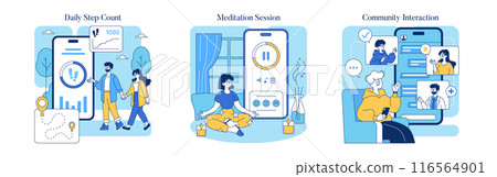 Health Apps set. Tracking daily activity, facilitating meditation, and fostering community support. Wellness technology engagement. Vector illustration. 116564901