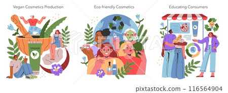 Ethical Cosmetics set. Illustrating stages from vegan production to consumer education on sustainability. Promoting conscious beauty choices. Vector illustration. Ethical Cosmetics set. Illustrating stages from vegan production to consumer education on sustainability. Promoting conscious beauty choices. Vector illustration. 116564904