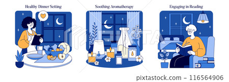 Night Wellness set. Evening routines for relaxation and self-care. Healthy meal prep, aromatic atmosphere, and cozy reading time. Vector illustration. Night Wellness set. Evening routines for relaxation and self-care. Healthy meal prep, aromatic atmosphere, and cozy reading time. Vector illustration. 116564906