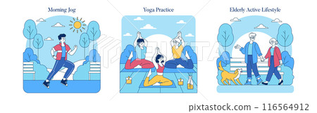 Healthy Lifestyle set. Outdoor fitness activities for different ages. Morning jog, yoga practice, and elderly active walking. Vector illustration. Healthy Lifestyle set. Outdoor fitness activities for different ages. Morning jog, yoga practice, and elderly active walking. Vector illustration. 116564912