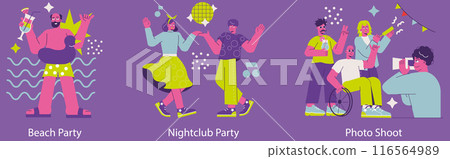 Party celebration set. Beach gathering, nightclub dance, and casual photo shoot moments. Joyful characters enjoying different festive events. Vector illustration. Party celebration set. Beach gathering, nightclub dance, and casual photo shoot moments. Joyful characters enjoying different festive events. Vector illustration. 116564989