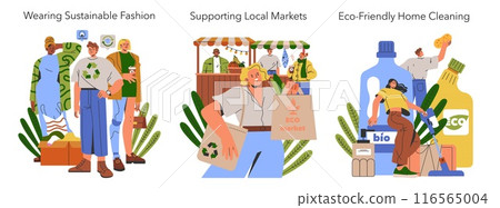 Sustainability Lifestyle set. Conscious choices from fashion to cleaning. Recycled clothing, local produce, and bio cleaning agents promote eco-friendly habits. Vector illustration. Sustainability Lifestyle set. Conscious choices from fashion to cleaning. Recycled clothing, local produce, and bio cleaning agents promote eco-friendly habits. Vector illustration. 116565004