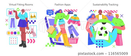Fashion Tech set. Virtual fitting rooms, online shopping and sustainability tracking. Digitally enhanced clothing experience. Vector illustration. 116565009