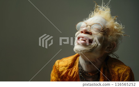 a young albino guy in glasses with blond red sloppy hair laughs against the background of a gray wall, space for text, AI Generated 116565252