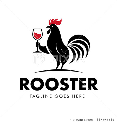 Rooster silhouette vector illustration design holding a glass of Red Wine can be used for Vintage Restaurant logo Rooster silhouette vector illustration design holding a glass of Red Wine can be used for Vintage Restaurant logo 116565315