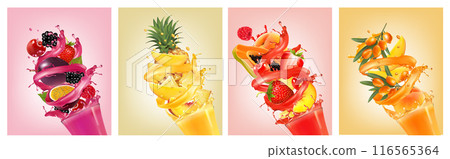 Set of fruit juice splash. Whole and sliced pineapple, mango, peach, orange, cherry, blueberry, strawberry, papaya, sea buckthorns in juice with splashes and drops. Vector 116565364
