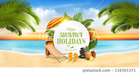 Summer vacation panorama. Tropical beach with a palm tree and Travel items on the beach. Vector. 116565371