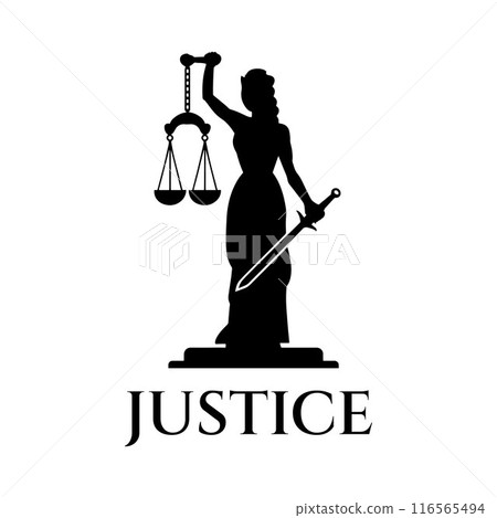 Goddess of Justice Silhouette symbol design illustration. Woman holding scales and sword, Woman with blindfold takes inspiration from court logo design 116565494