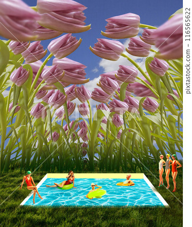 Women lounging and swimming in pool situated in grassy meadow with giant pink tulips. Contemporary art collage. 116565622