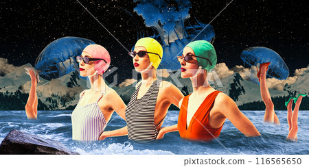 Women in swimsuits, caps and sunglasses, standing in ocean against starry night sky. Giant blue jellyfish float on background with female legs sticking out water. 116565650