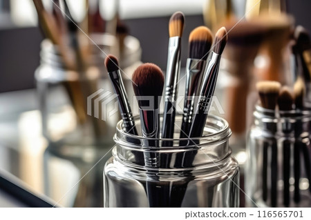 Professional Makeup Brushes in a Glass Container - Generative AI 116565701