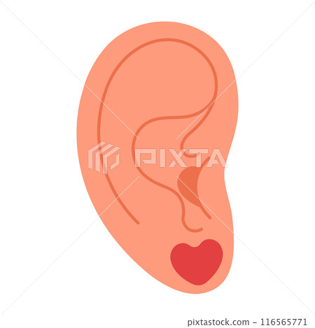 Ear with earring. Heart earring, summer fashion jewelry flat style.  116565771