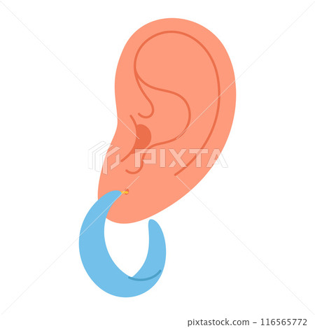 Ear with earring. Ring earring made of plastic, fashionable summer jewelry flat style.  116565772