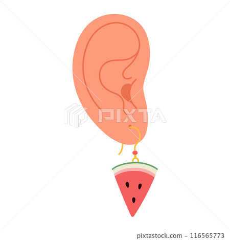 Ear with earring. Summer jewelry Watermelon slice earring flat style.  116565773
