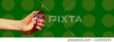 Banner. Contemporary art collage. Surreal artwork. Blending reality and fantasy. Spicy Ignition. Hand holding chili pepper transformed into lighter. 116565855