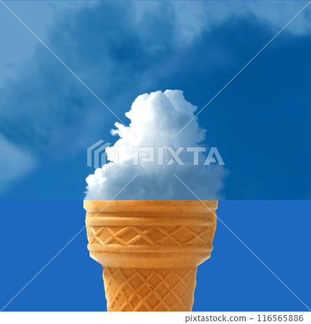 Poster. Contemporary art collage. Surreal artwork. Blending reality and fantasy. Ice cream cone with cloud instead of cream. Poster. Contemporary art collage. Surreal artwork. Blending reality and fantasy. Ice cream cone with cloud instead of cream. 116565886