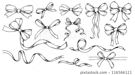 set of illustrations in sketch style. bows, silk ribbon. symbol of the fight against breast cancer, femininity set of illustrations in sketch style. bows, silk ribbon. symbol of the fight against breast cancer, femininity 116566121