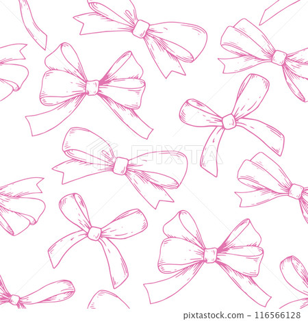 A seamless pattern in a sketch style. Bows and silk ribbon. A symbol of the fight against breast cancer and femininity. 116566128