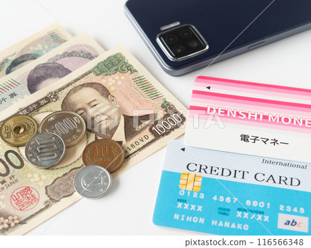 Cash, smartphone, electronic money and credit card Cashless payment New bills Payment method Credit card Cash, smartphone, electronic money and credit card Cashless payment New bills Payment method Credit card 116566348