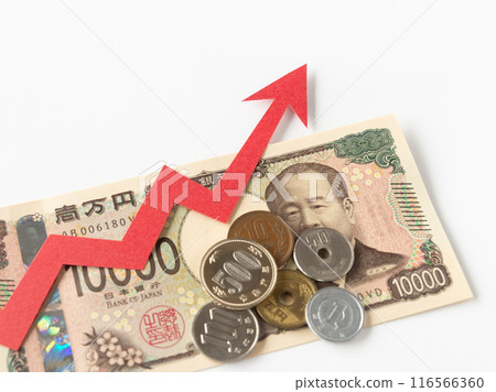 上升的箭頭和現金，上升，紙幣，向上，價格上漲，稅收增加 116566360