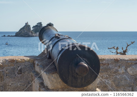 Ancient Cannon Overlooking a Coastal Island and Serene Seascape Ancient Cannon Overlooking a Coastal Island and Serene Seascape 116566362