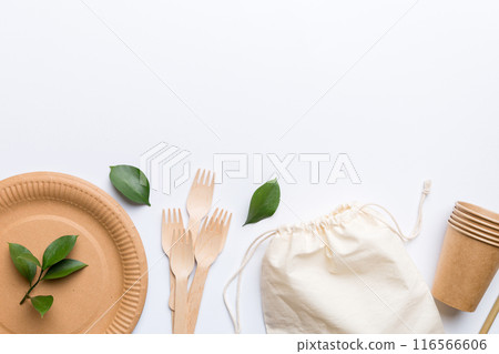 set of empty reusable disposable eco-friendly plates, cups, utensils on light white colored table background. top view. Biodegradable craft dishes. Recycling concept. Close-up 116566606