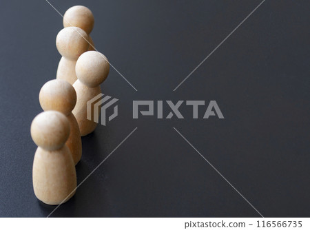 Wooden figure step out from the line to ask question. Curiosity concept Wooden figure step out from the line to ask question. Curiosity concept 116566735