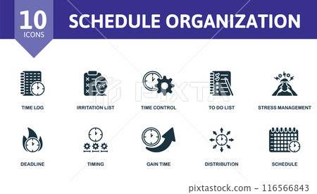 Schedule Organization icon set. Time Log, Irritation List, Time Control, To Do List, Stress Management, Deadline, Timing, Gain Time, Distribution Icon, Schedule icons. 116566843