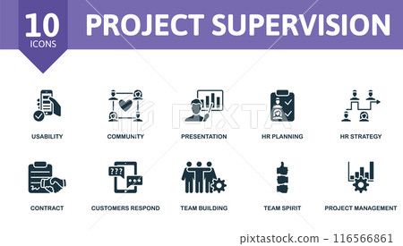 Project Supervision thin line icon set. Usability, Community, Presentation, Hr Planning, Hr Strategy, Contract, Customers Respond, Team Building, Team Spirit, Project Management icons. Project Supervision thin line icon set. Usability, Community, Presentation, Hr Planning, Hr Strategy, Contract, Customers Respond, Team Building, Team Spirit, Project Management icons. 116566861
