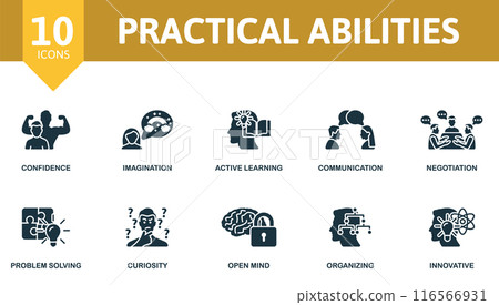 Practical Abilities icon set. Confidence, Imagination, Active Learning, Communication, Negotiation, Problem Solving, Curiosity, Open Mind, Organizing, Innovative icons and more 116566931