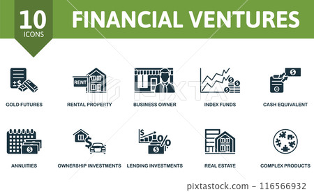 Financial Ventures icon set. Gold Futures, Rental Property, Business Owner, Index Funds, Cash Equivalent, Annuities, Ownership Investments, Lending Investments, Real Estate, Complex Products icons. 116566932