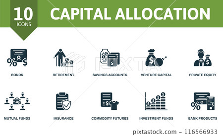 Capital Allocation icon set. Bonds, Retirement, Savings Accounts, Venture Capital, Private Equity, Mutual Funds, Insurance, Commodity Futures, Investment Funds, Bank Products icons and more 116566933