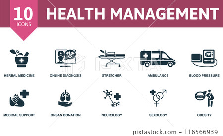 Health Management icon set. Herbal Medicine, Online Diagnosis, Stretcher, Ambulance, Blood Pressure, Medical Support, Organ Donation, Neurology, Sexology, Obesity icons. Health Management icon set. Herbal Medicine, Online Diagnosis, Stretcher, Ambulance, Blood Pressure, Medical Support, Organ Donation, Neurology, Sexology, Obesity icons. 116566939