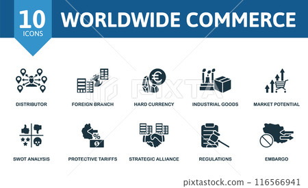 Worldwide Commerce icon set. Distributor, Foreign Branch, Hard Currency, Industrial Goods, Market Potential, Swot Analysis, Protective Tariffs, Strategic Alliance, Regulations, Embargo icons. 116566941