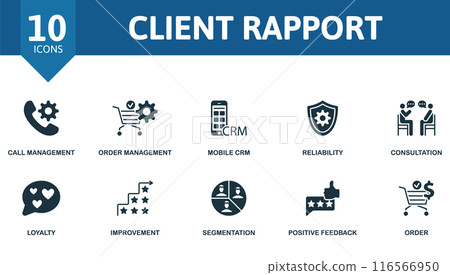 Client Rapport icon set. Call Management, Order Management, Mobile Crm, Reliability, Consultation, Loyalty, Improvement, Segmentation, Positive Feedback, Order icons. 116566950