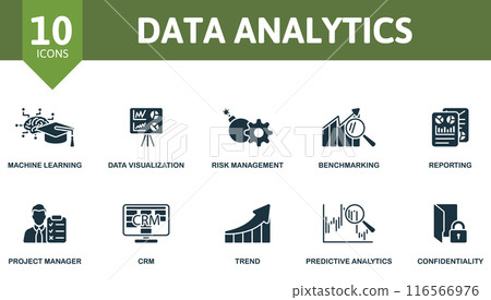 Data Analytics icon set. Machine Learning, Data Visualization, Risk Management, Benchmarking, Reporting, Project Manager, Crm, Trend, Predictive Analytics, Confidentiality icons and more 116566976