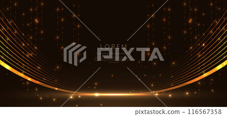 Abstract glowing gold lighting curve lines on dark background with lighting effect and sparkle with copy space for text. Abstract glowing gold lighting curve lines on dark background with lighting effect and sparkle with copy space for text. 116567358