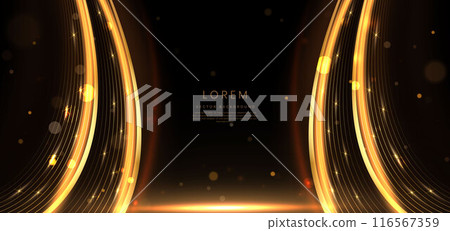 Abstract glowing gold lighting curve lines on dark  background with lighting effect and sparkle with copy space for text. 116567359